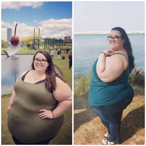 A picture of a 5'1" female showing a weight loss from 436 pounds to 354 pounds. A total loss of 82 pounds.