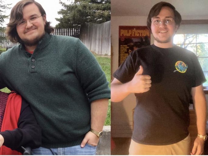 A progress pic of a 6'1" man showing a fat loss from 298 pounds to 198 pounds. A respectable loss of 100 pounds.