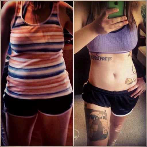A progress pic of a 5'7" woman showing a fat loss from 180 pounds to 150 pounds. A net loss of 30 pounds.