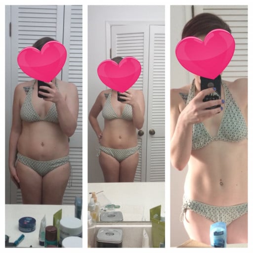 A before and after photo of a 5'6" female showing a weight reduction from 150 pounds to 125 pounds. A respectable loss of 25 pounds.