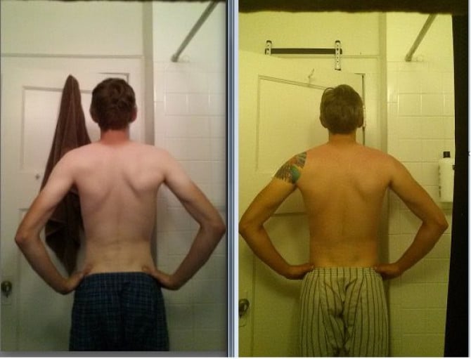 A before and after photo of a 6'0" male showing a muscle gain from 140 pounds to 160 pounds. A respectable gain of 20 pounds.