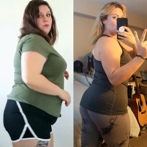 A before and after photo of a 5'6" female showing a weight reduction from 267 pounds to 187 pounds. A respectable loss of 80 pounds.