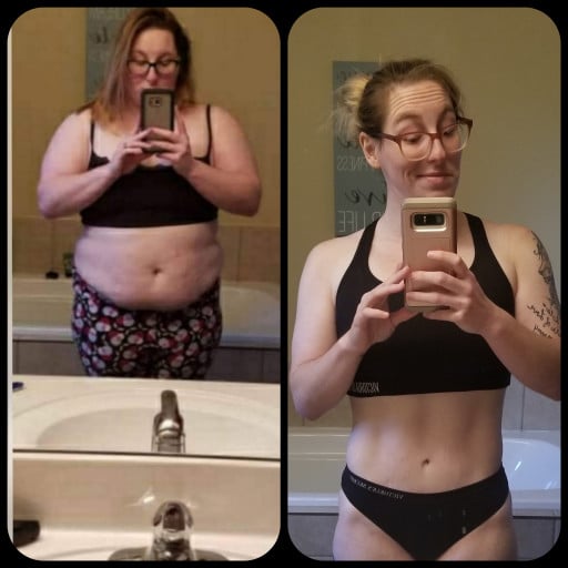 A picture of a 5'0" female showing a weight loss from 245 pounds to 133 pounds. A net loss of 112 pounds.