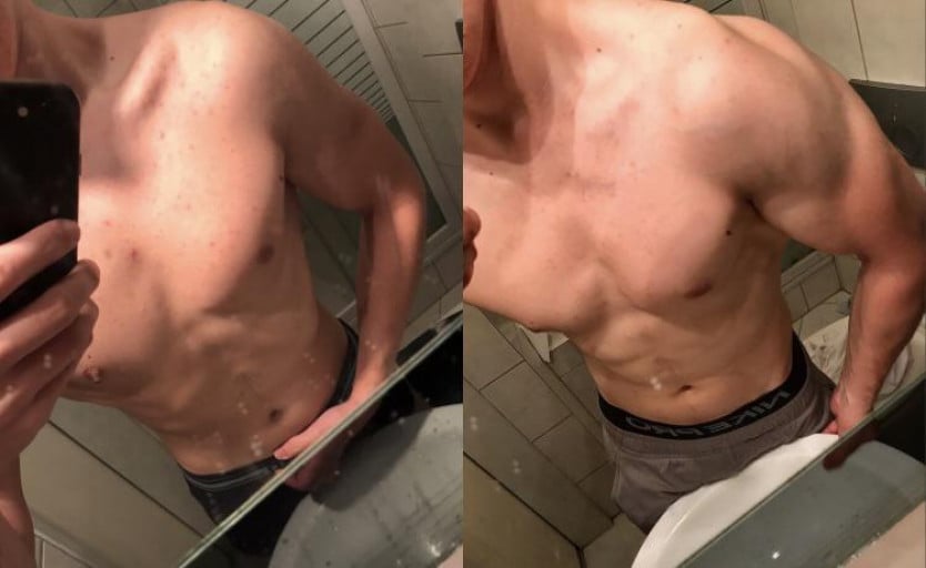 A before and after photo of a 5'7" male showing a muscle gain from 140 pounds to 160 pounds. A respectable gain of 20 pounds.