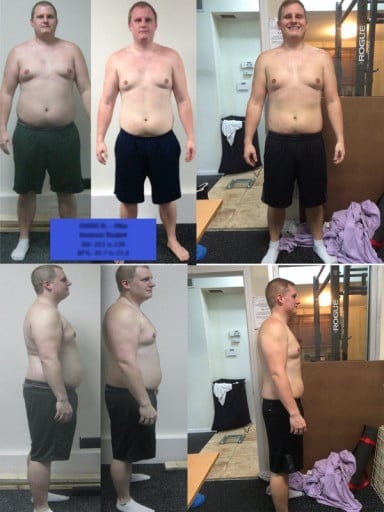 A before and after photo of a 6'2" male showing a weight reduction from 270 pounds to 220 pounds. A net loss of 50 pounds.