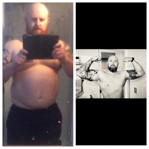 A photo of a 6'2" man showing a weight cut from 330 pounds to 230 pounds. A respectable loss of 100 pounds.