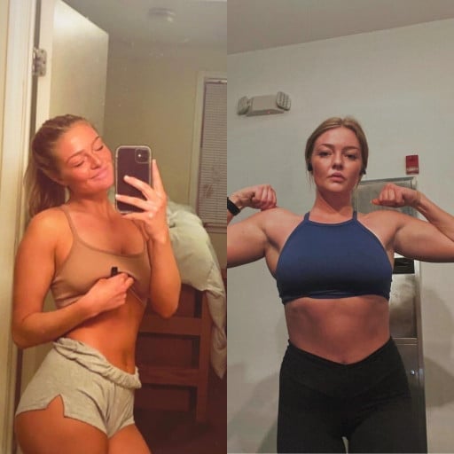 A progress pic of a 5'8" woman showing a muscle gain from 132 pounds to 158 pounds. A respectable gain of 26 pounds.