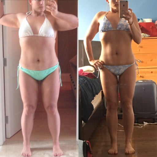 A progress pic of a 5'5" woman showing a weight cut from 215 pounds to 135 pounds. A total loss of 80 pounds.