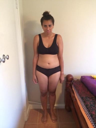 A progress pic of a 5'7" woman showing a weight reduction from 161 pounds to 152 pounds. A total loss of 9 pounds.