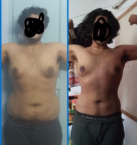 A progress pic of a 5'7" man showing a fat loss from 208 pounds to 178 pounds. A total loss of 30 pounds.