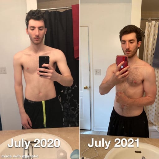 Before and After 35 lbs Muscle Gain 6'1 Male 130 lbs to 165 lbs