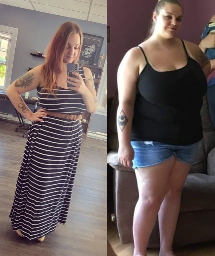 A progress pic of a 5'4" woman showing a fat loss from 265 pounds to 190 pounds. A total loss of 75 pounds.