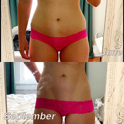 A progress pic of a 5'8" woman showing a fat loss from 166 pounds to 152 pounds. A respectable loss of 14 pounds.