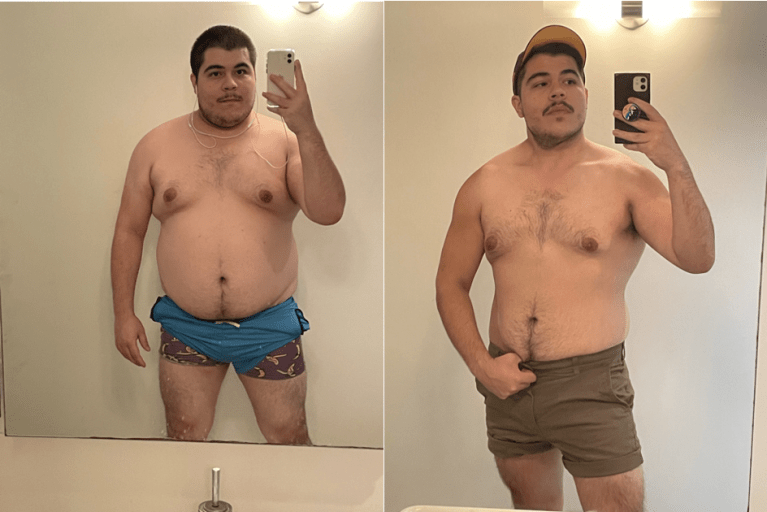 A photo of a 5'8" man showing a weight cut from 265 pounds to 199 pounds. A net loss of 66 pounds.