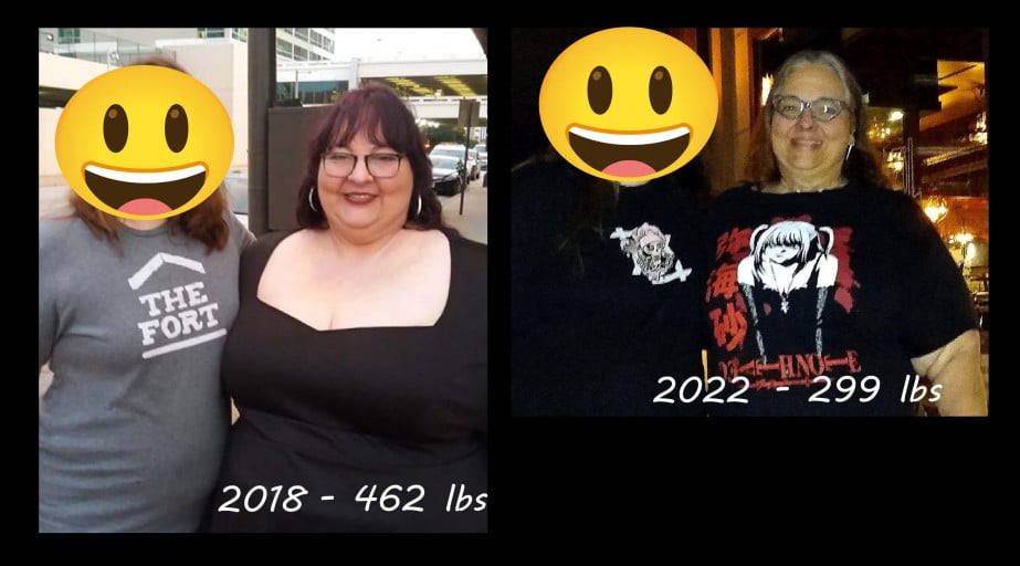 A picture of a 5'8" female showing a weight loss from 462 pounds to 299 pounds. A respectable loss of 163 pounds.