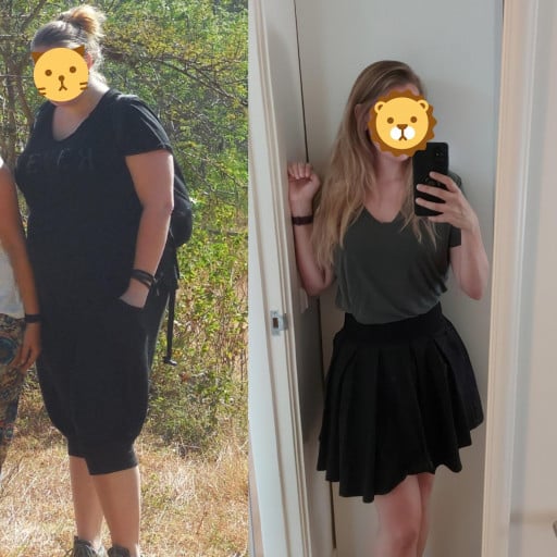 A progress pic of a 5'7" woman showing a fat loss from 265 pounds to 155 pounds. A net loss of 110 pounds.