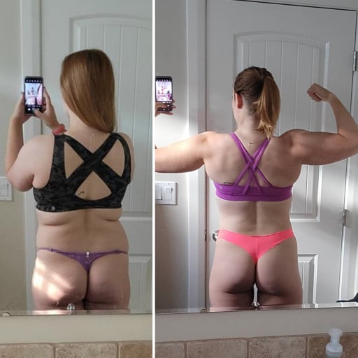 A progress pic of a 5'10" woman showing a fat loss from 210 pounds to 170 pounds. A total loss of 40 pounds.