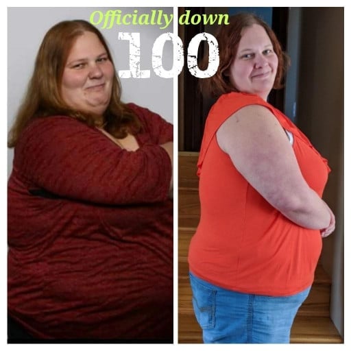 A picture of a 5'8" female showing a weight loss from 412 pounds to 310 pounds. A net loss of 102 pounds.