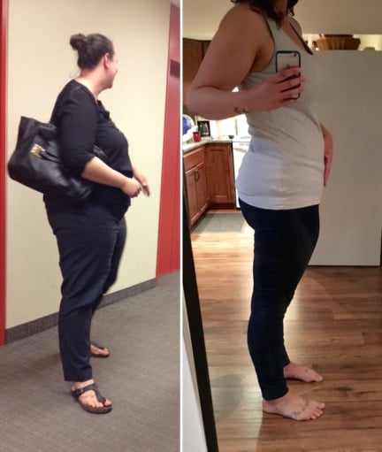 A progress pic of a 6'2" woman showing a fat loss from 333 pounds to 252 pounds. A total loss of 81 pounds.
