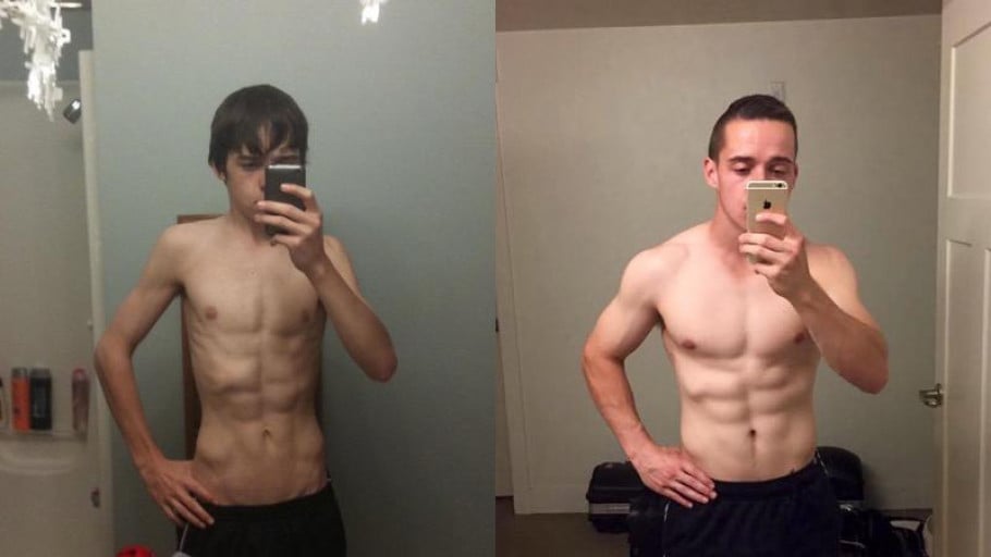 A before and after photo of a 5'9" male showing a weight bulk from 100 pounds to 160 pounds. A respectable gain of 60 pounds.