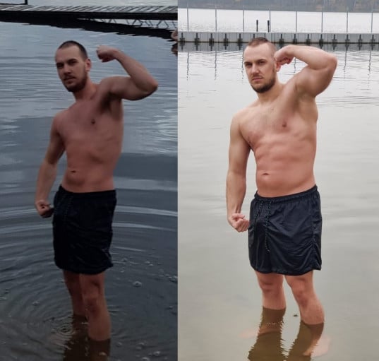 A before and after photo of a 5'9" male showing a weight gain from 143 pounds to 176 pounds. A net gain of 33 pounds.