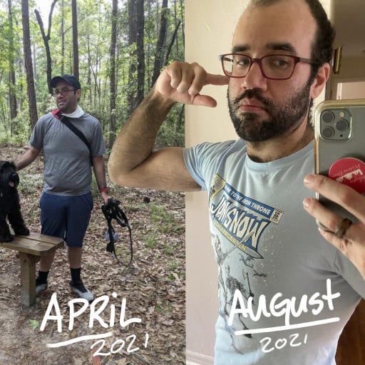 A progress pic of a 5'9" man showing a fat loss from 197 pounds to 177 pounds. A respectable loss of 20 pounds.