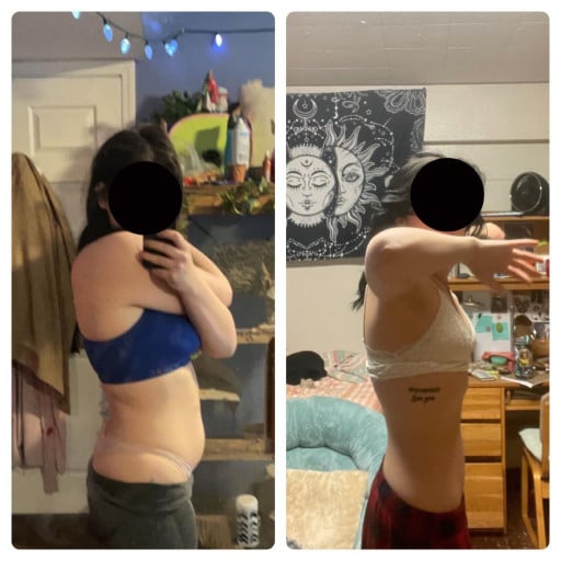 A progress pic of a 5'5" woman showing a fat loss from 183 pounds to 127 pounds. A total loss of 56 pounds.