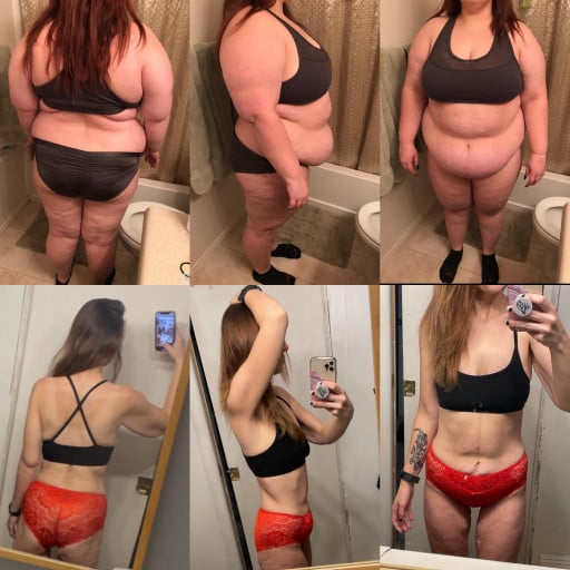 A picture of a 5'3" female showing a weight loss from 298 pounds to 115 pounds. A net loss of 183 pounds.