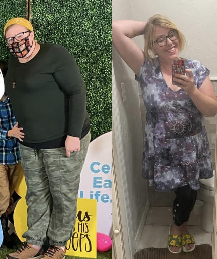 A before and after photo of a 5'3" female showing a weight reduction from 256 pounds to 196 pounds. A net loss of 60 pounds.
