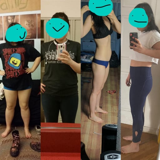 A progress pic of a 5'4" woman showing a fat loss from 182 pounds to 118 pounds. A net loss of 64 pounds.