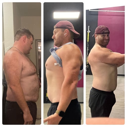 A progress pic of a 6'2" man showing a fat loss from 305 pounds to 265 pounds. A total loss of 40 pounds.