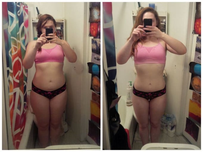 A photo of a 6'0" woman showing a weight cut from 213 pounds to 173 pounds. A total loss of 40 pounds.