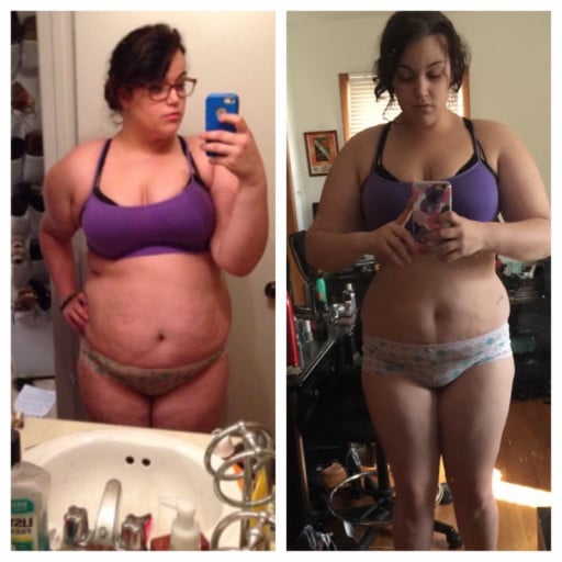 A progress pic of a 5'8" woman showing a fat loss from 255 pounds to 231 pounds. A respectable loss of 24 pounds.