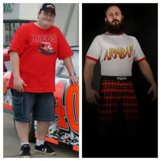 A progress pic of a 5'10" man showing a fat loss from 309 pounds to 199 pounds. A respectable loss of 110 pounds.