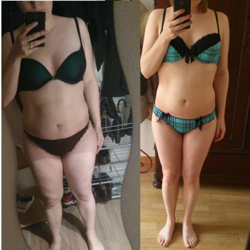 A before and after photo of a 5'5" female showing a weight reduction from 161 pounds to 143 pounds. A respectable loss of 18 pounds.