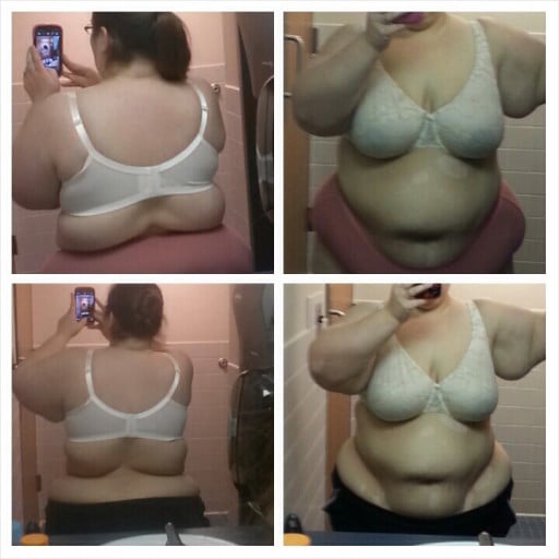 A before and after photo of a 5'3" female showing a weight reduction from 330 pounds to 293 pounds. A respectable loss of 37 pounds.