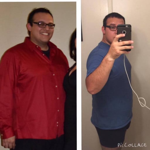 A before and after photo of a 5'11" male showing a weight reduction from 280 pounds to 255 pounds. A total loss of 25 pounds.