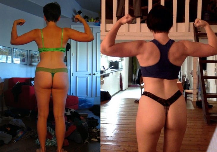 A picture of a 5'3" female showing a muscle gain from 120 pounds to 130 pounds. A net gain of 10 pounds.