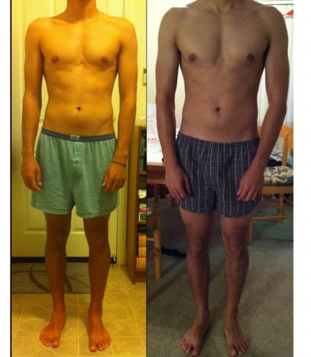 A picture of a 5'10" male showing a muscle gain from 153 pounds to 160 pounds. A total gain of 7 pounds.