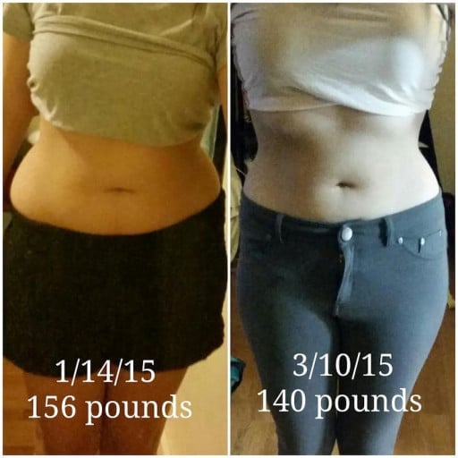 A photo of a 5'3" woman showing a weight cut from 156 pounds to 140 pounds. A net loss of 16 pounds.