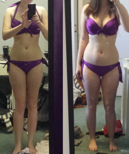 A photo of a 5'0" woman showing a weight cut from 123 pounds to 108 pounds. A total loss of 15 pounds.