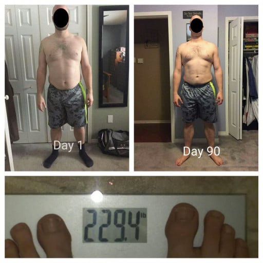 A picture of a 6'1" male showing a weight loss from 250 pounds to 229 pounds. A total loss of 21 pounds.
