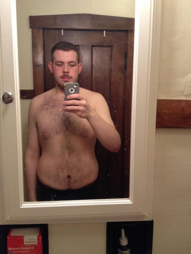 A before and after photo of a 6'2" male showing a weight cut from 320 pounds to 230 pounds. A respectable loss of 90 pounds.