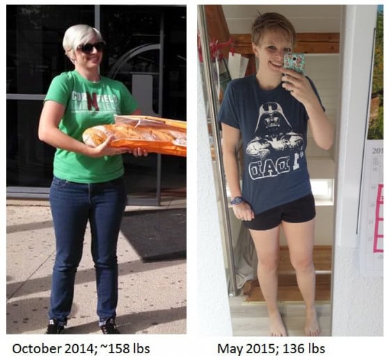 A photo of a 5'7" woman showing a weight cut from 158 pounds to 136 pounds. A total loss of 22 pounds.