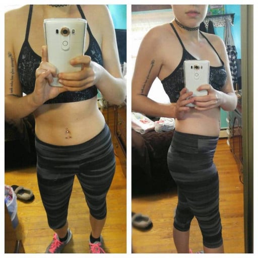 A picture of a 5'3" female showing a fat loss from 130 pounds to 118 pounds. A total loss of 12 pounds.