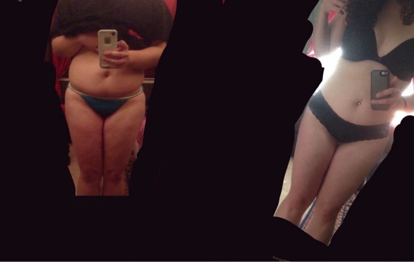 A picture of a 5'8" female showing a weight loss from 195 pounds to 175 pounds. A respectable loss of 20 pounds.