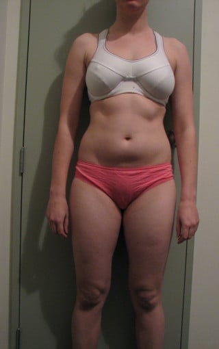 A before and after photo of a 5'3" female showing a snapshot of 121 pounds at a height of 5'3