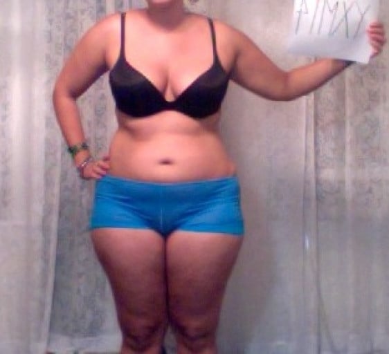A before and after photo of a 5'6" female showing a snapshot of 190 pounds at a height of 5'6