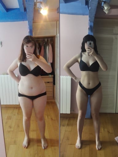 A photo of a 5'7" woman showing a weight cut from 185 pounds to 141 pounds. A respectable loss of 44 pounds.