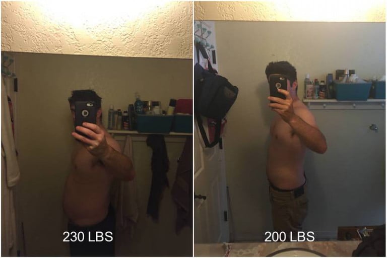 A picture of a 5'10" male showing a weight loss from 230 pounds to 200 pounds. A respectable loss of 30 pounds.